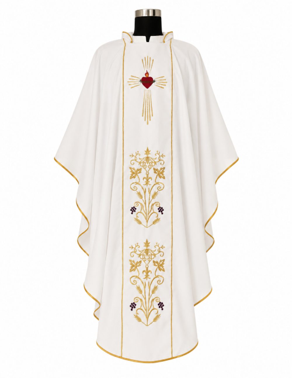 White Priest Chasuble with Sacred Heart, Wheat and Grapevine Embroidery Front View on Mannequin