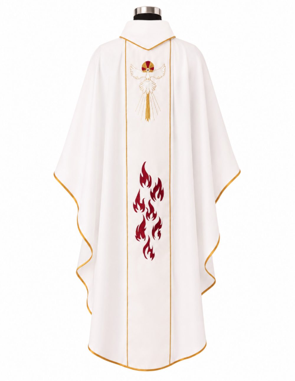 White Priest Chasuble with Sacred Heart, Wheat and Grapevine Embroidery Back View on Mannequin