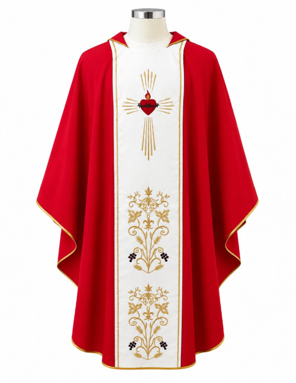 Red Priest Chasuble with Sacred Heart, Wheat & Grapevine Embroidery (1)