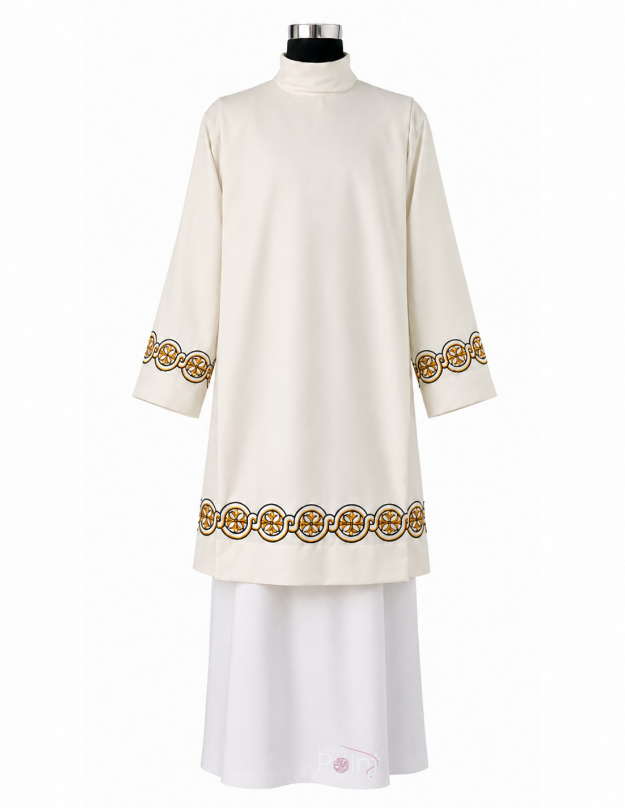 Cream Priest Surplice with Gold & Black Medallion Embroidery | Church Vestment