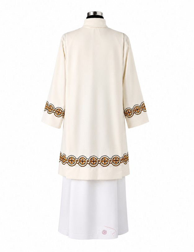 Cream Priest Surplice with Gold and Black Medallion Embroidery Back View on Mannequin