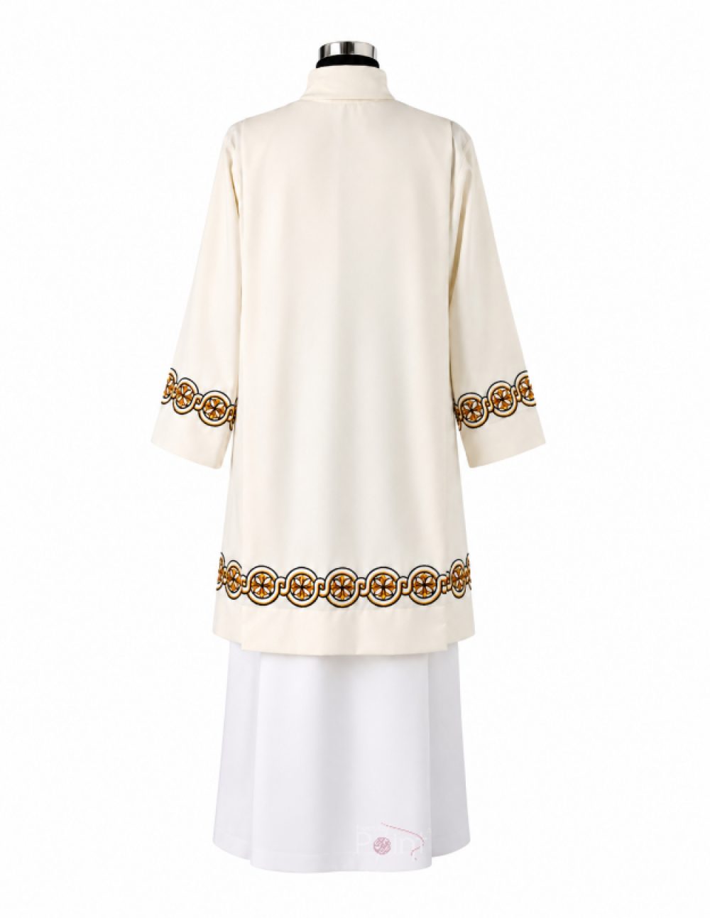 Cream Priest Surplice with Gold and Black Medallion Embroidery Back View on Mannequin