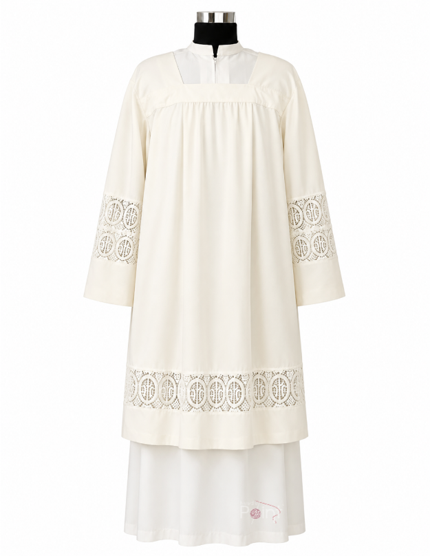 Cream Priest Surplice with Lace Medallion Cutwork | Church Vestment