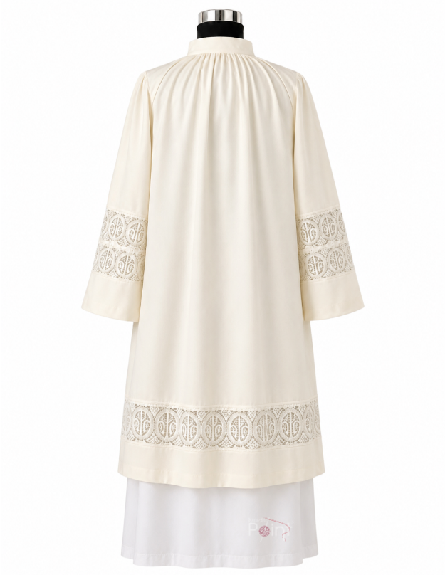 Cream Priest Surplice with Lace Medallion Cutwork – Back View on Mannequin