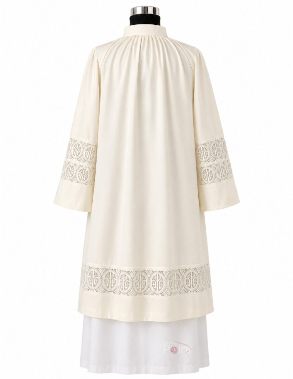 Cream Priest Surplice with Lace Medallion Cutwork – Back View on Mannequin