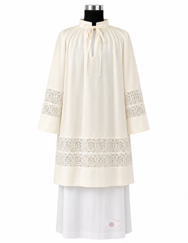 Cream Priest Surplice with Tie Collar & Lace Medallion Cutwork | Church Vestment