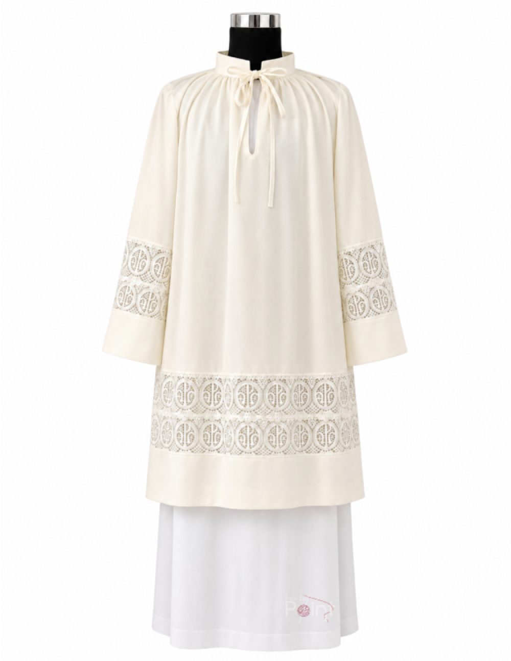 Cream Priest Surplice with Tie Collar & Lace Medallion Cutwork | Church Vestment