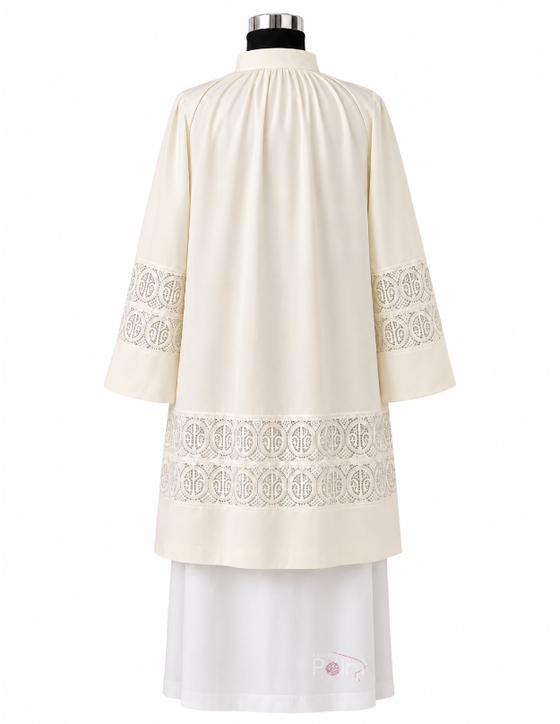 Cream Priest Surplice with Tie Collar & Lace Cutwork – Back View on Mannequin