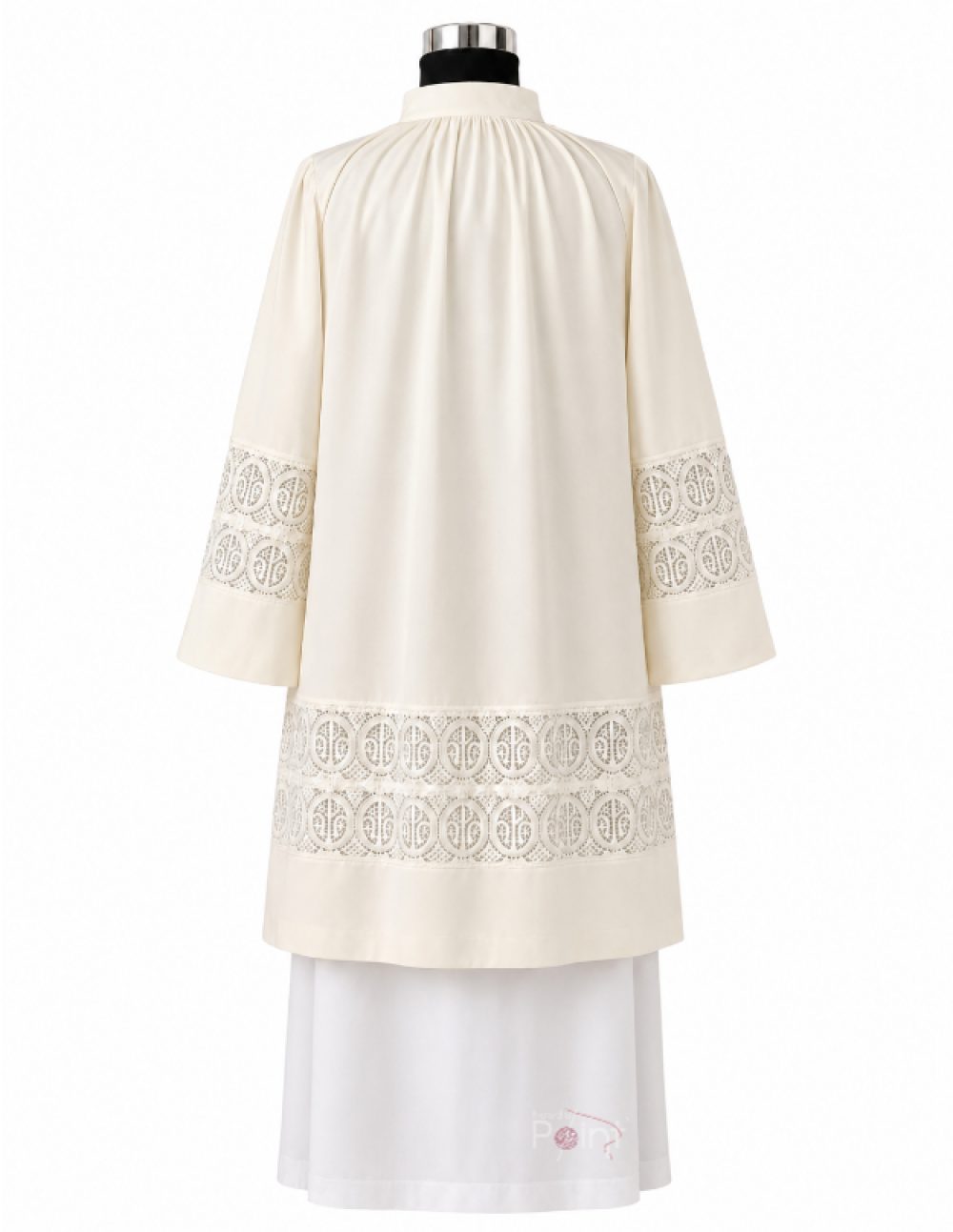 Cream Priest Surplice with Tie Collar & Lace Cutwork – Back View on Mannequin