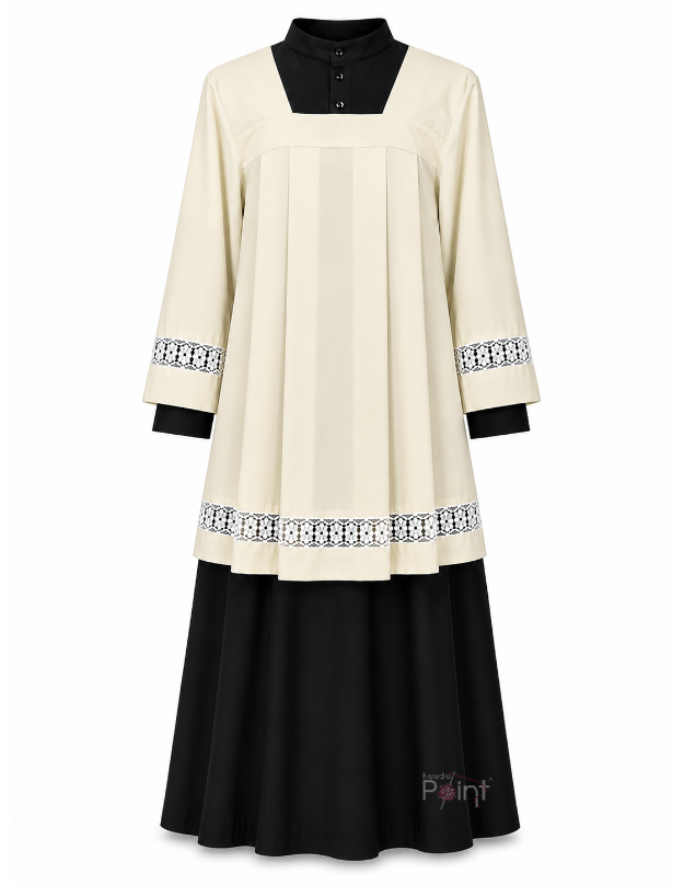 Warm White Altar Boy Dress with Black Cassock & Floral Lace Trim | Church Vestment