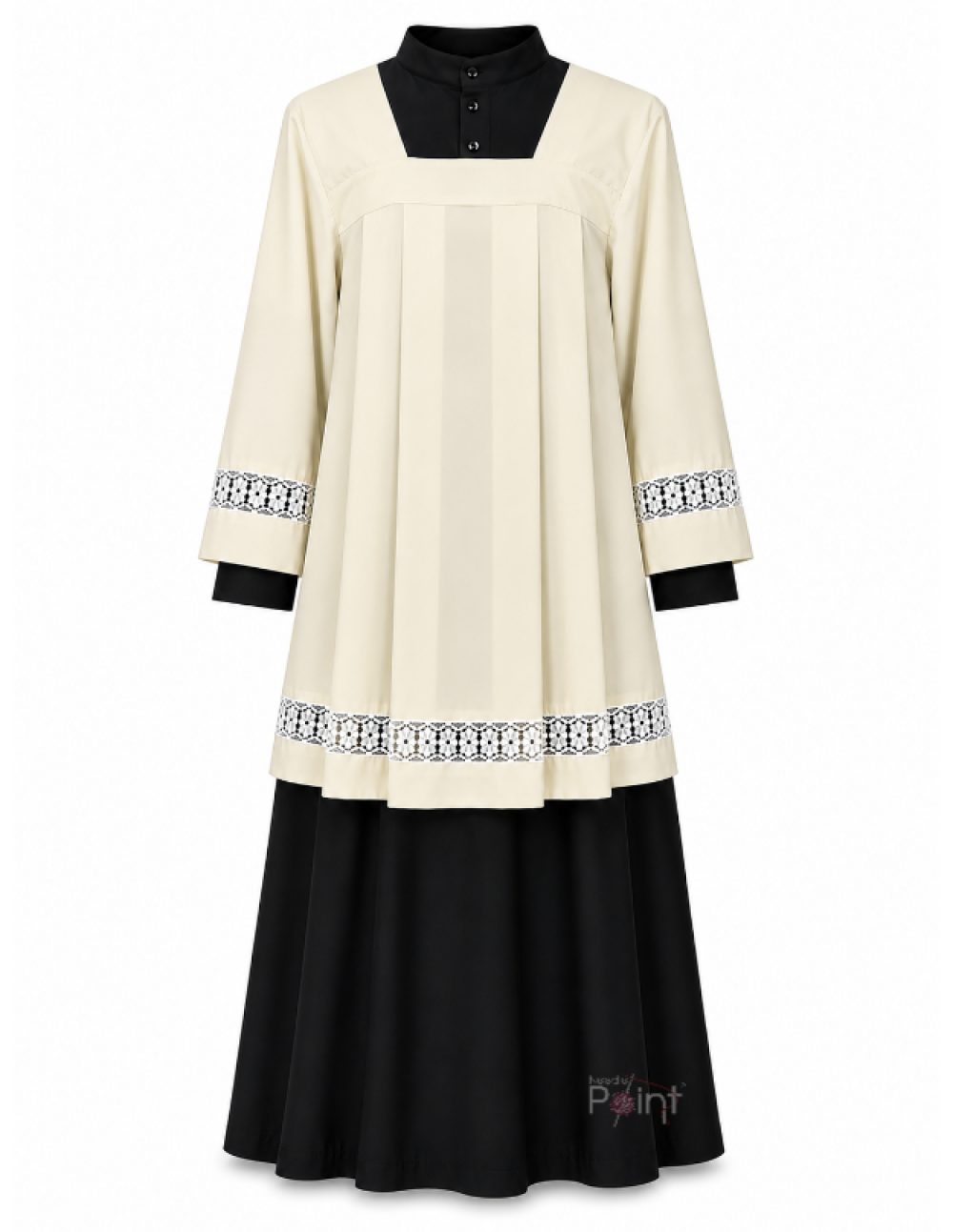 Warm White Altar Boy Dress with Black Cassock & Floral Lace Trim – Front View on Mannequin
