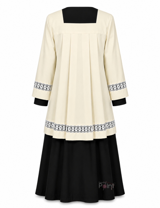 Warm White Altar Boy Dress with Black Cassock & Floral Lace Trim – Back View on Mannequin