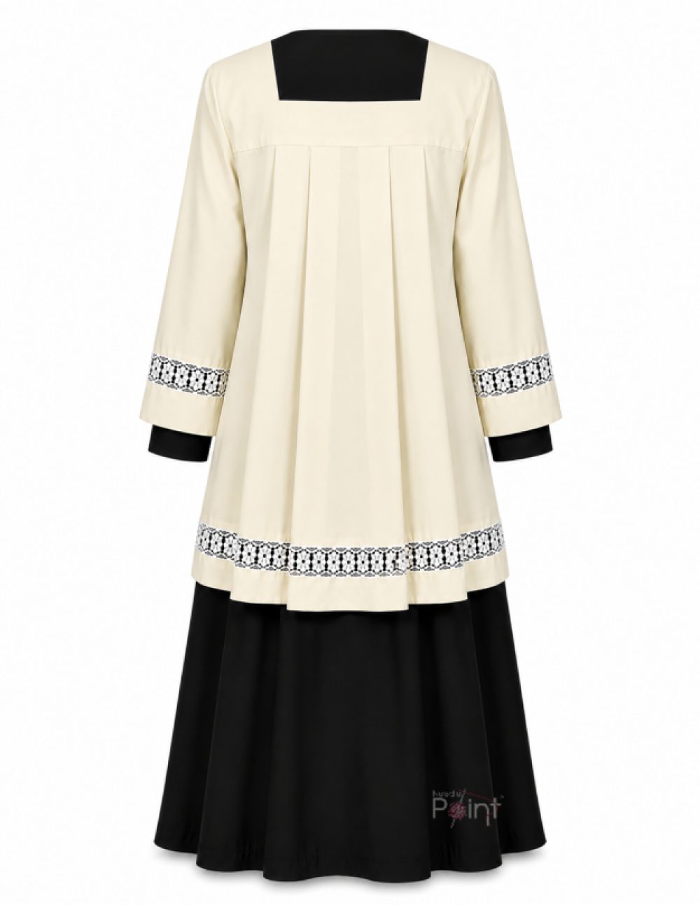 Warm White Altar Boy Dress with Black Cassock & Floral Lace Trim – Back View on Mannequin