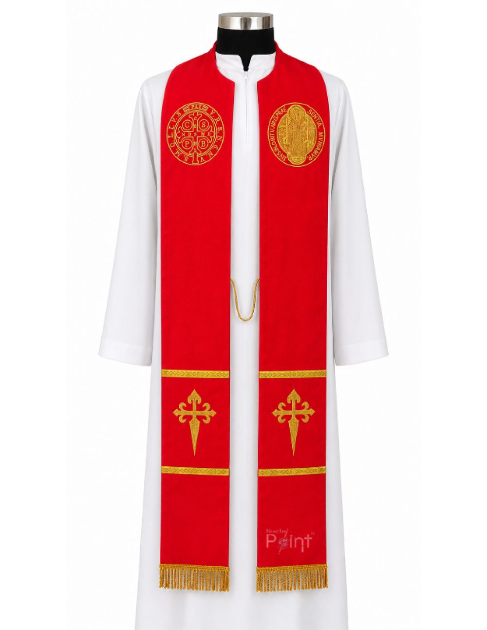 Red Priest Stole with Saint Benedict Medal & Saint James Cross Embroidery – Front View on Mannequin