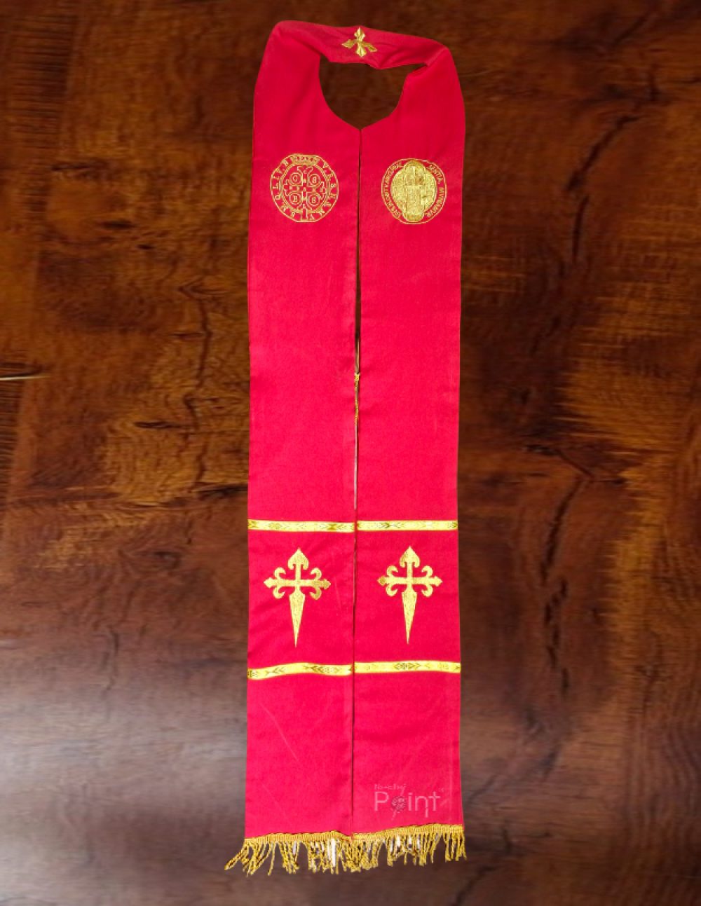 Red Priest Stole with Saint Benedict Medal & Saint James Cross Embroidery – Flat Lay View