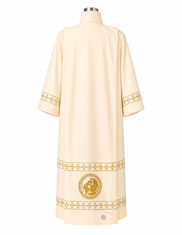 Cream Alb with Christ Washing the Disciples' Feet Embroidery – Back View on Mannequin
