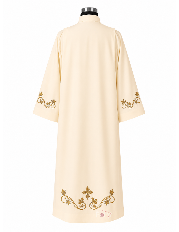 Cream Alb with Gold & Silver Grapevine Embroidery – Back View on Mannequin