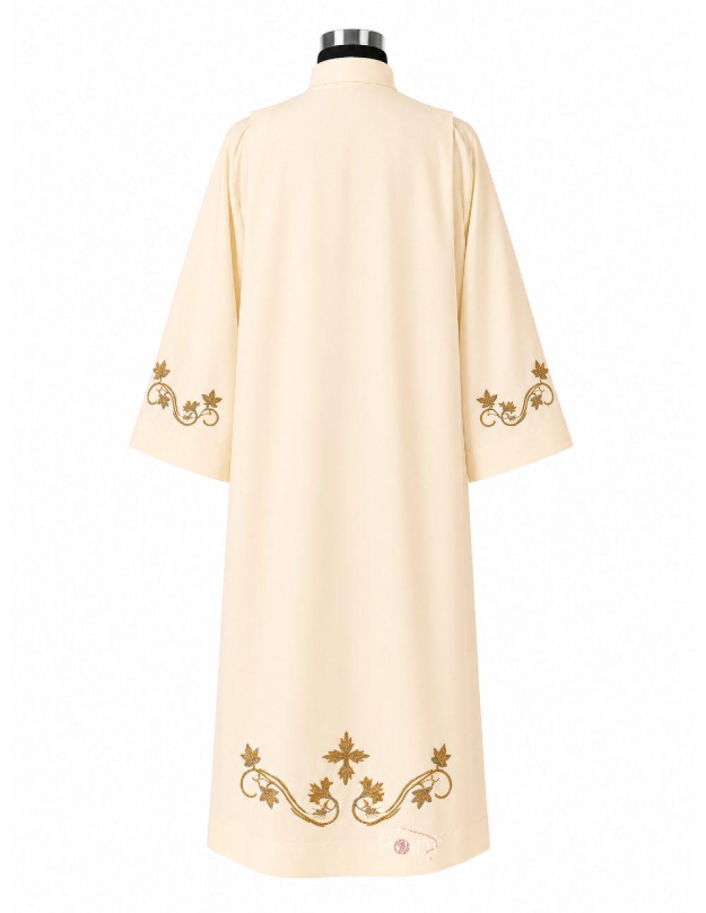 Cream Alb with Gold & Silver Grapevine Embroidery – Back View on Mannequin