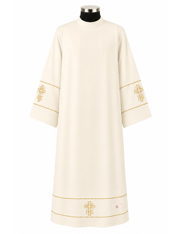 Cream Alb with IHS & Cross Embroidery | Clergy Vestment