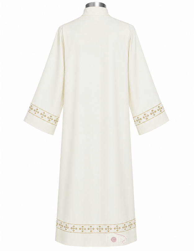 Cream Alb with Gold Quatrefoil Trim | Clergy Vestment back view