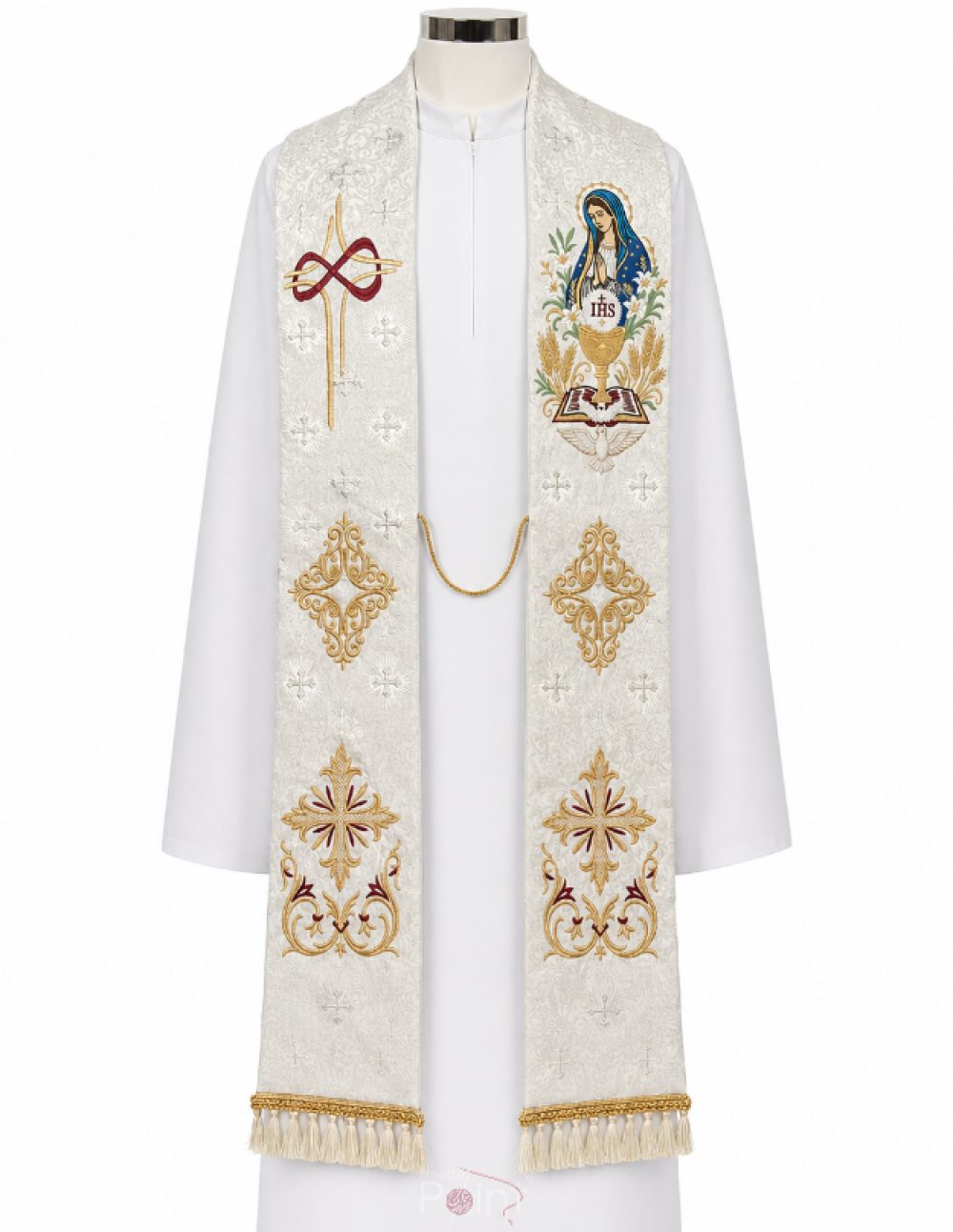 Silver Priest Stole with Our Lady and Eucharistic Embroidery Front View on Mannequin