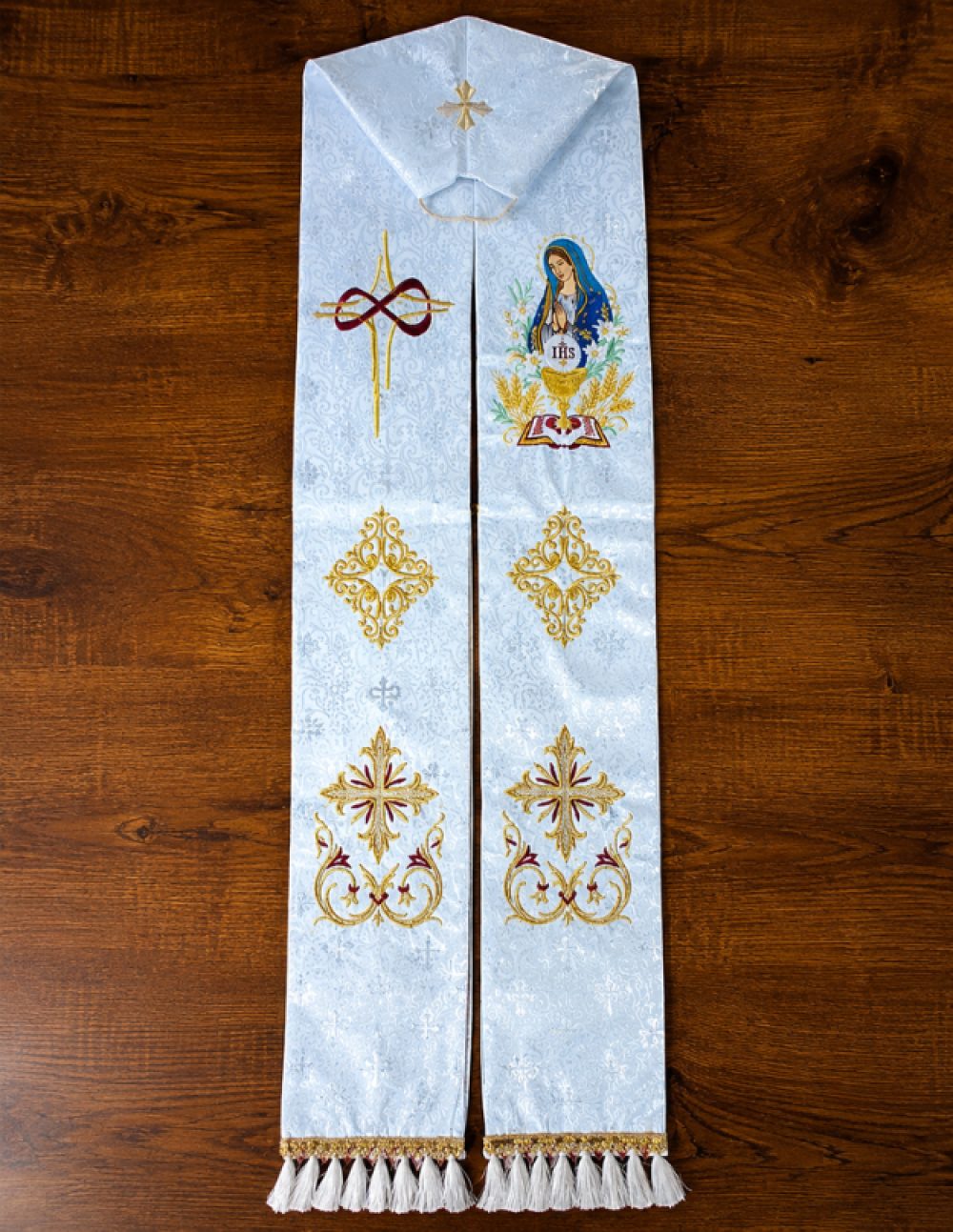 Silver Priest Stole with Our Lady and Eucharistic Embroidery Both Panels Flat Lay View