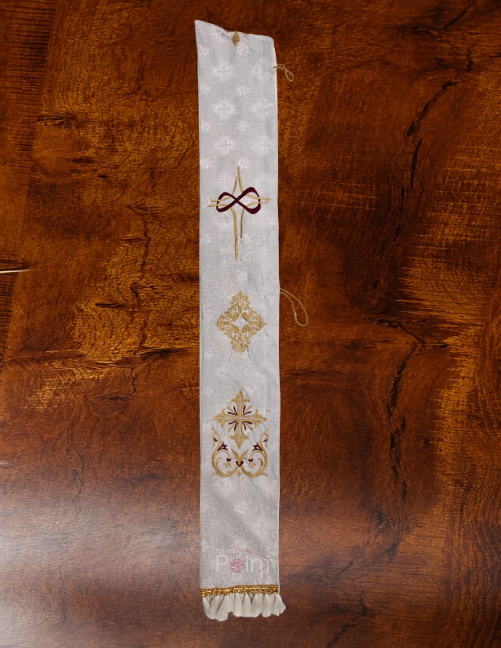 Silver Priest Stole with Our Lady and Eucharistic Embroidery Left Panel Flat Lay View