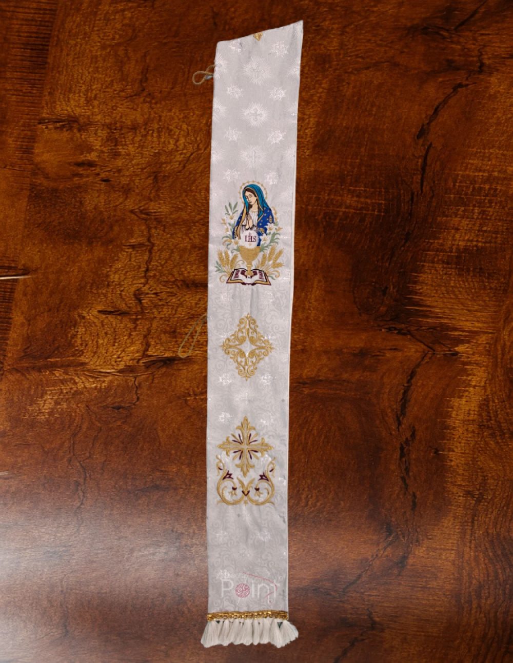 Silver Priest Stole with Our Lady and Eucharistic Embroidery Right Panel Flat Lay View