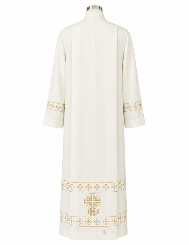 Cream Priest Alb with Radiant IHS Cross & Gold Cross Border Embroidery | Church Vestment