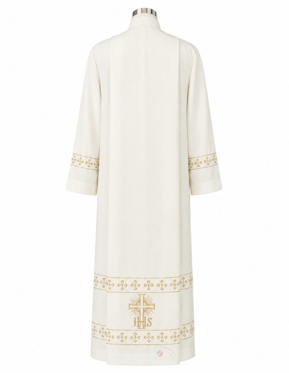 Cream Priest Alb with Radiant IHS Cross & Gold Cross Border Embroidery | Church Vestment