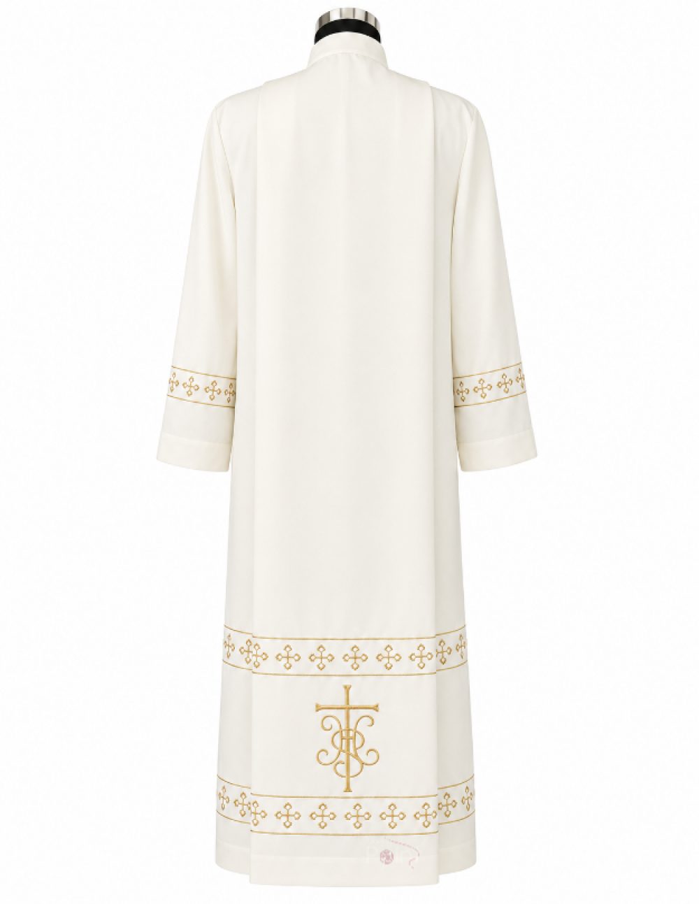 Cream Priest Alb with IHS Cross & Gold Cross Border Embroidery | Church Vestment