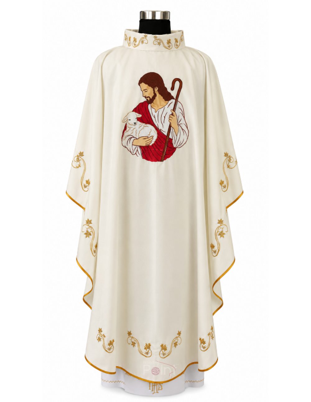 Cream Priest Chasuble with Good Shepherd and Eucharistic Embroidery Front View on Mannequin