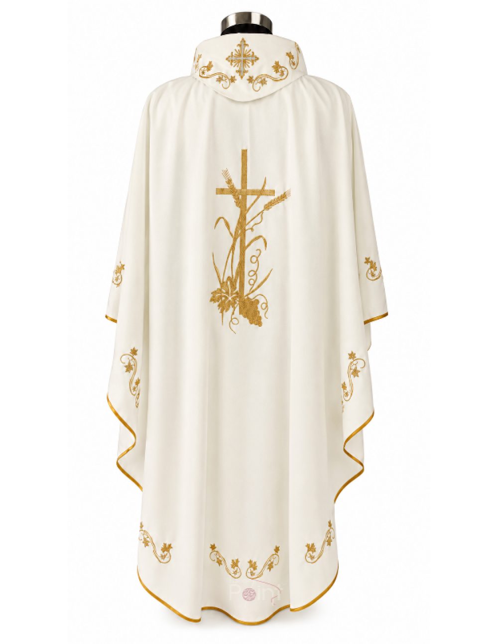 Cream Priest Chasuble with Good Shepherd and Eucharistic Embroidery Back View on Mannequin