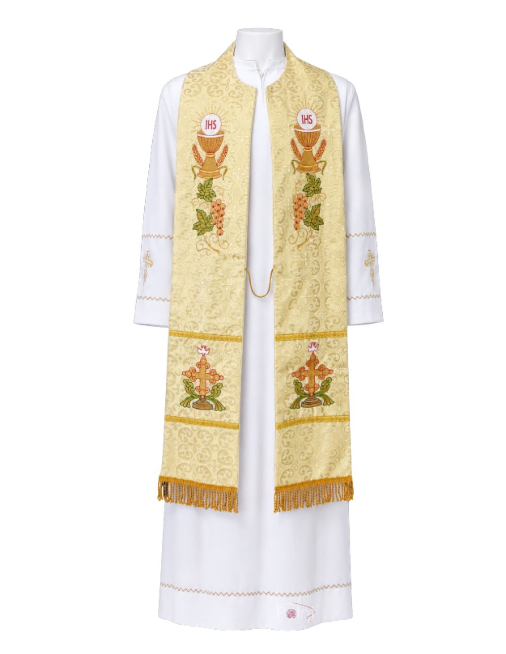 Gold Priest Stole with IHS Chalice & Cross Eucharistic Embroidery | Church Vestment  manniquin view