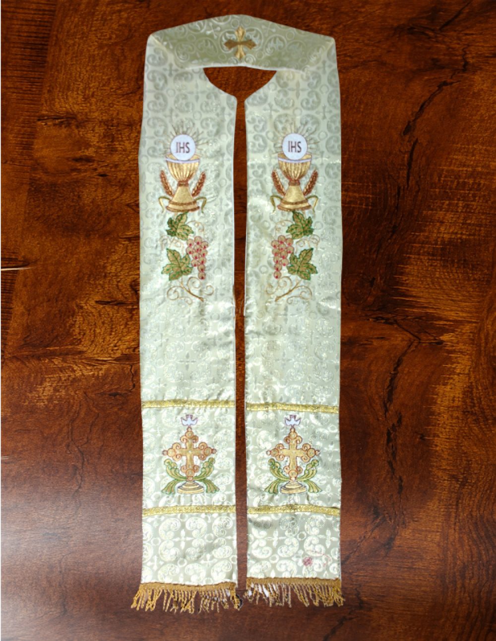 Gold Priest Stole with IHS Chalice & Cross Eucharistic Embroidery | Church Vestment flat lay view