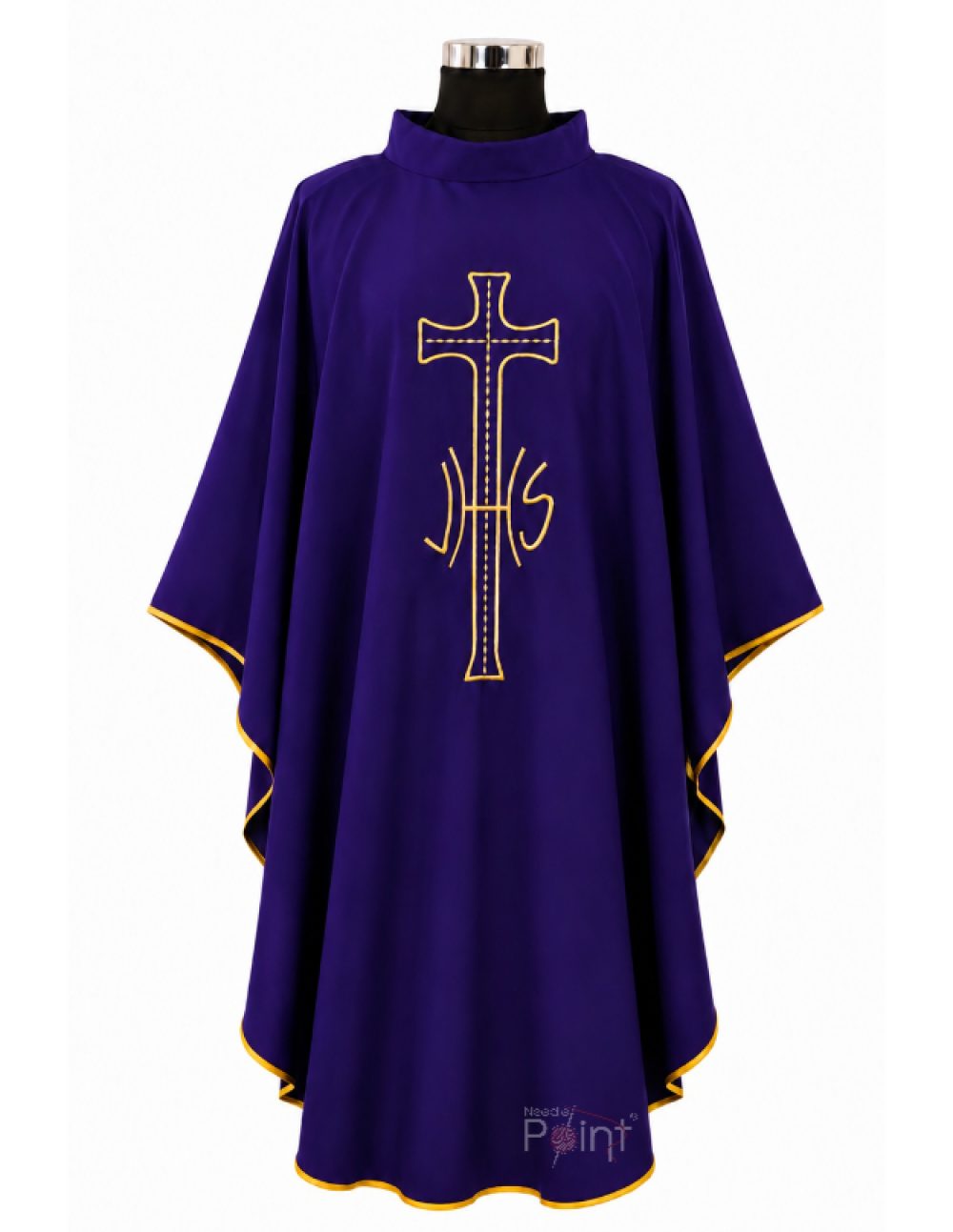 Purple Priest Chasuble with JHS Cross and Chi-Rho Embroidery Front View on Mannequin