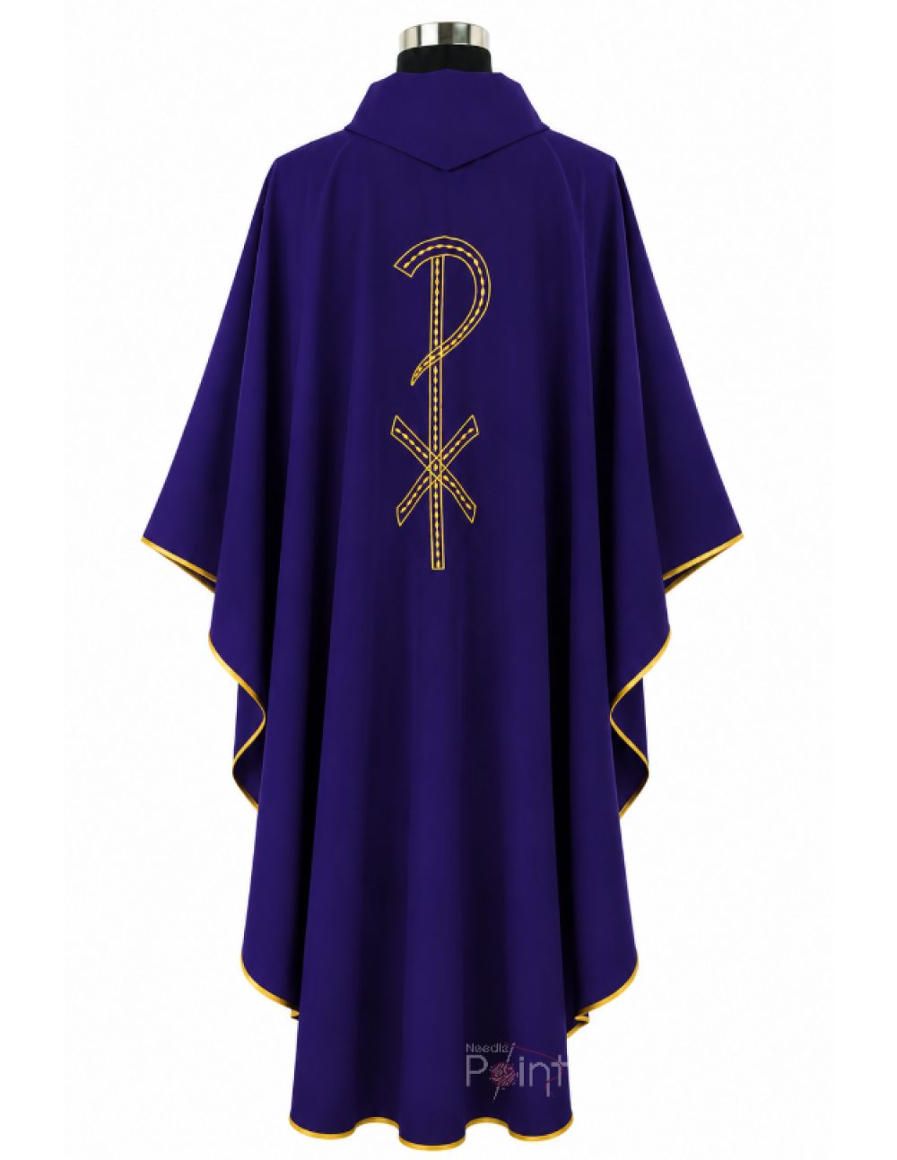 Purple Priest Chasuble with JHS Cross and Chi-Rho Embroidery Back View on Mannequin