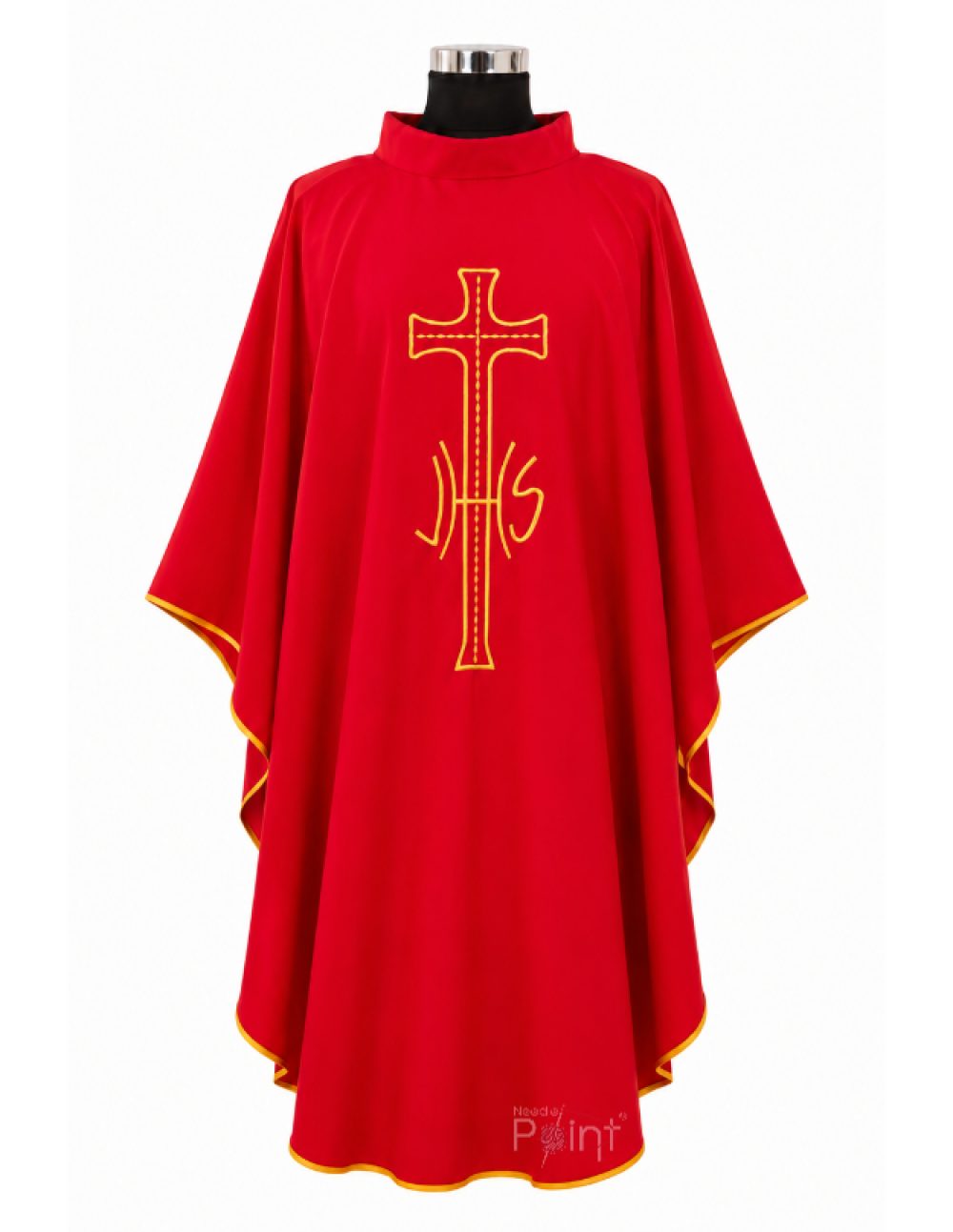 Red Priest Chasuble with JHS Cross and Chi-Rho Embroidery Front View on Mannequin