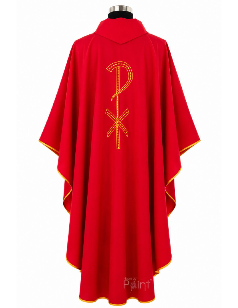 Red Priest Chasuble with JHS Cross and Chi-Rho Embroidery Back View on Mannequin