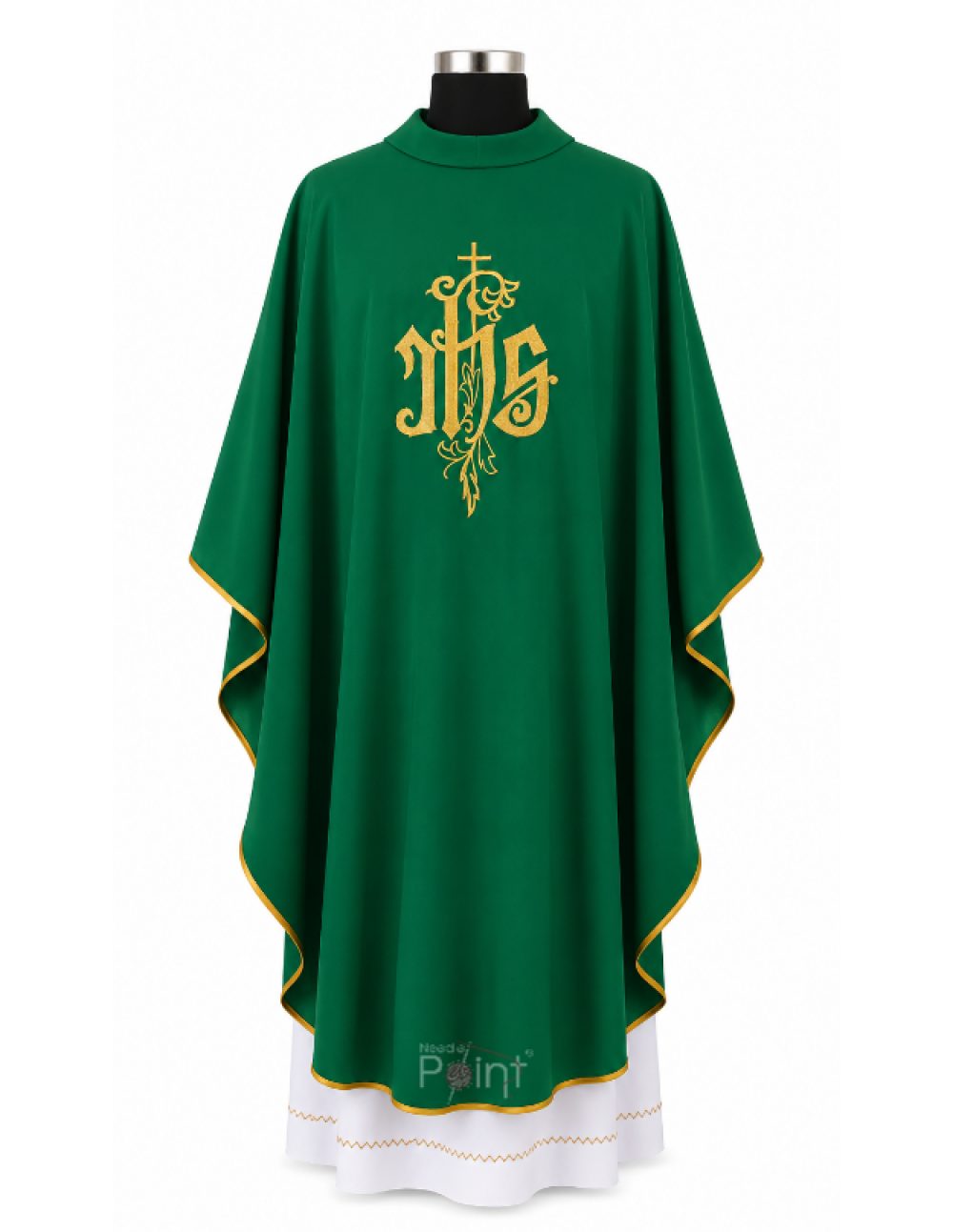 Green Priest Chasuble with IHS Monogram and Leaf Embroidery Front View on Mannequin