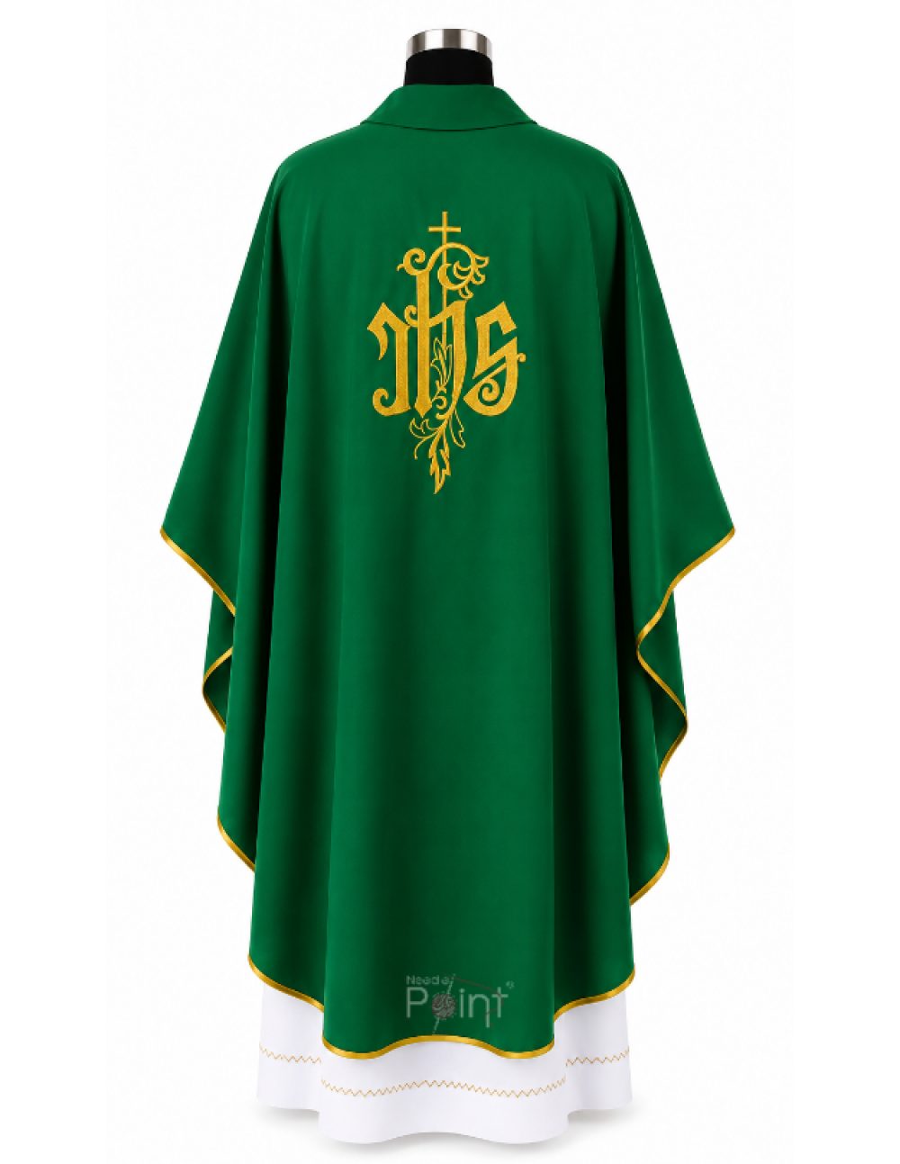 Green Priest Chasuble with IHS Monogram and Leaf Embroidery Back View on Mannequin