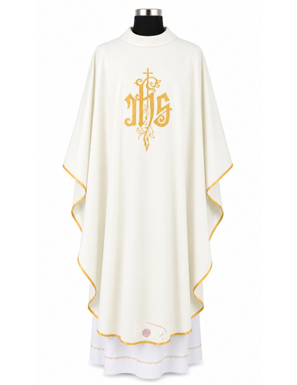 Cream Priest Chasuble with IHS Monogram and Leaf Embroidery Front View on Mannequin