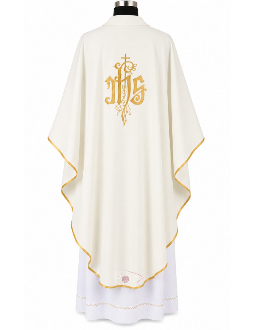 Cream Priest Chasuble with IHS Monogram and Leaf Embroidery Back View on Mannequin