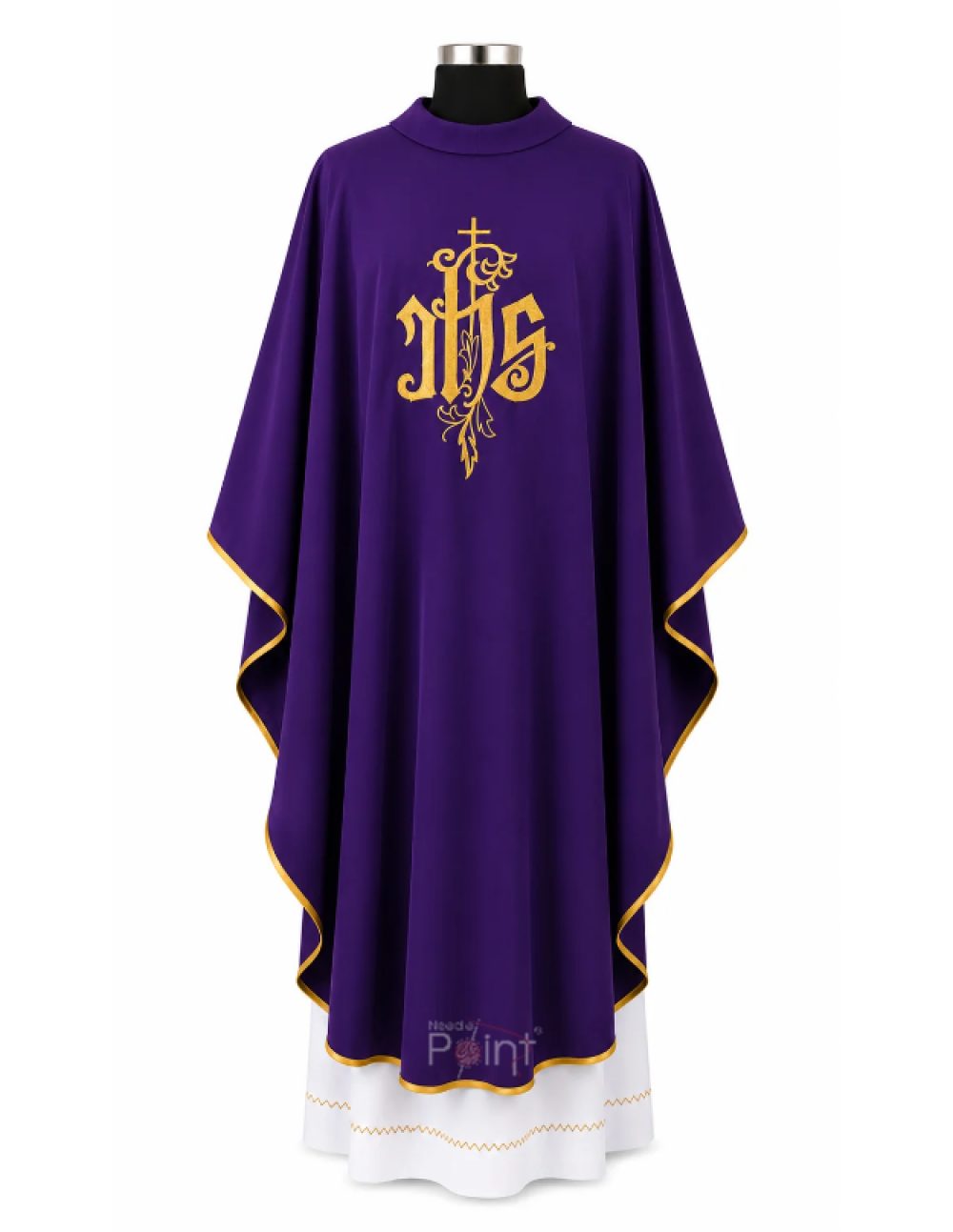 Purple Priest Chasuble with IHS Monogram and Leaf Embroidery Front View on Mannequin