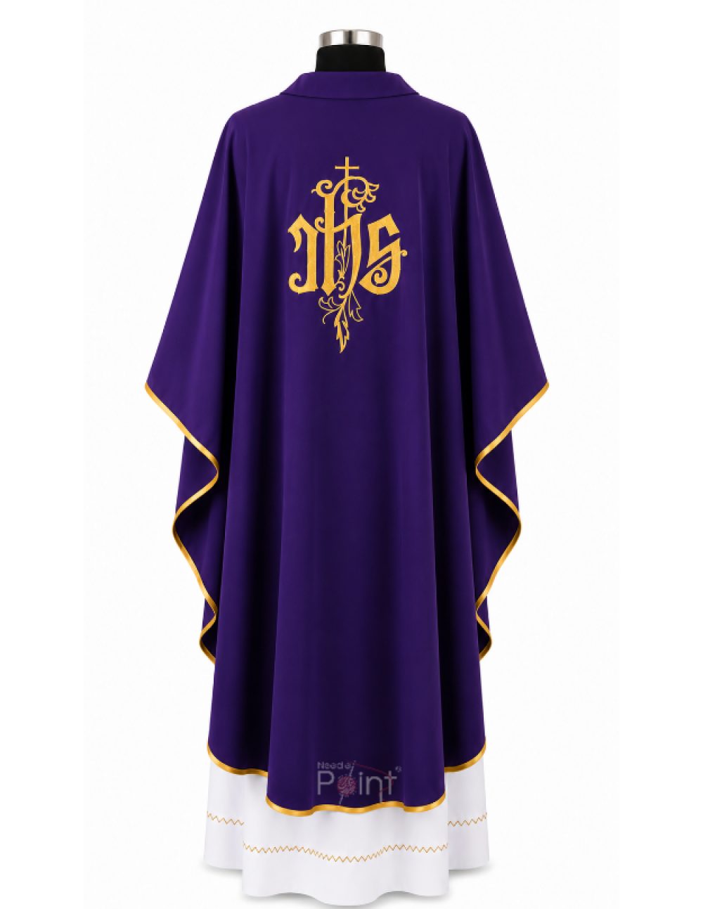 Purple Priest Chasuble with IHS Monogram and Leaf Embroidery Back View on Mannequin
