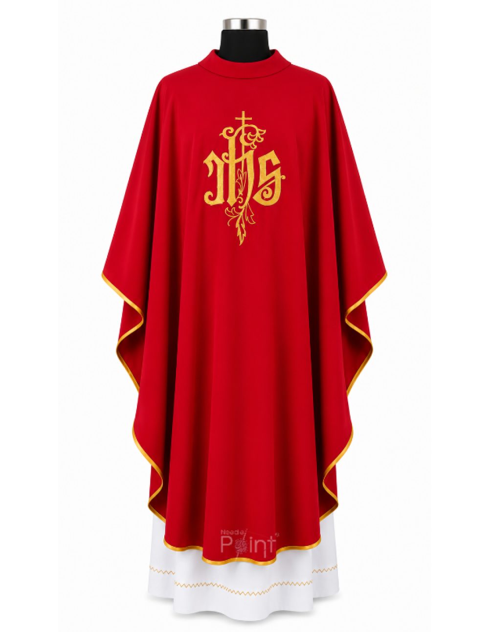 Red Priest Chasuble with IHS Monogram and Leaf Embroidery Front View on Mannequin