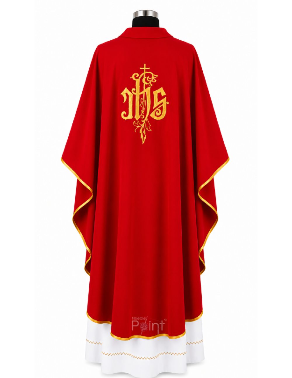 Red Priest Chasuble with IHS Monogram and Leaf Embroidery Back View on Mannequin