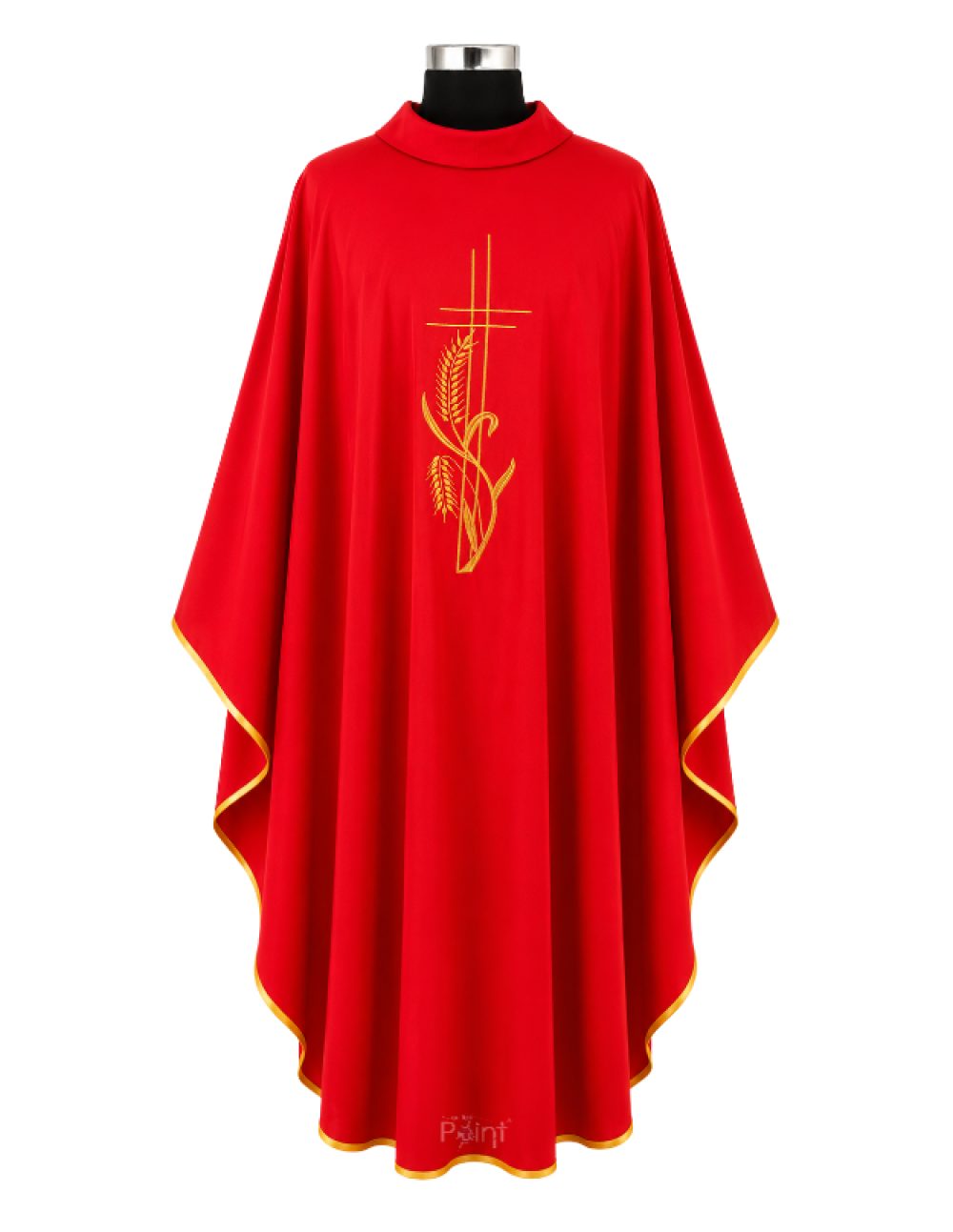 Red Priest Chasuble with Cross and Wheat Embroidery Front View on Mannequin