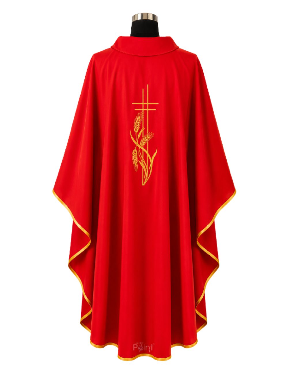 Red Priest Chasuble with Cross and Wheat Embroidery Back View on Mannequin