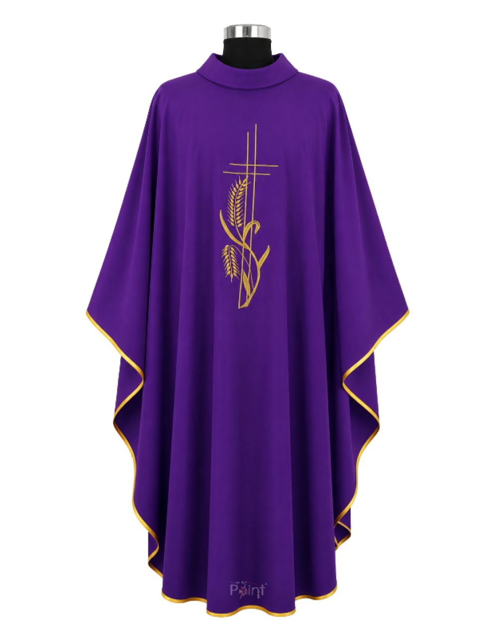 Purple Priest Chasuble with Cross and Wheat Embroidery Front View on Mannequin